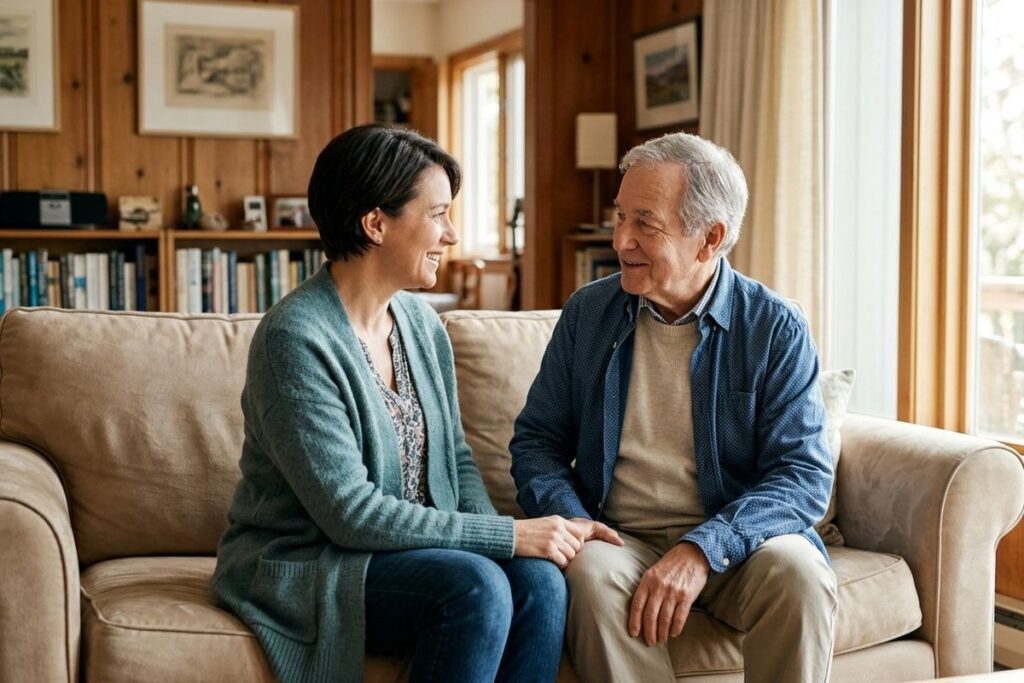 Two adults sitting on a couch, smiling and holding hands while looking at each other in a living room.