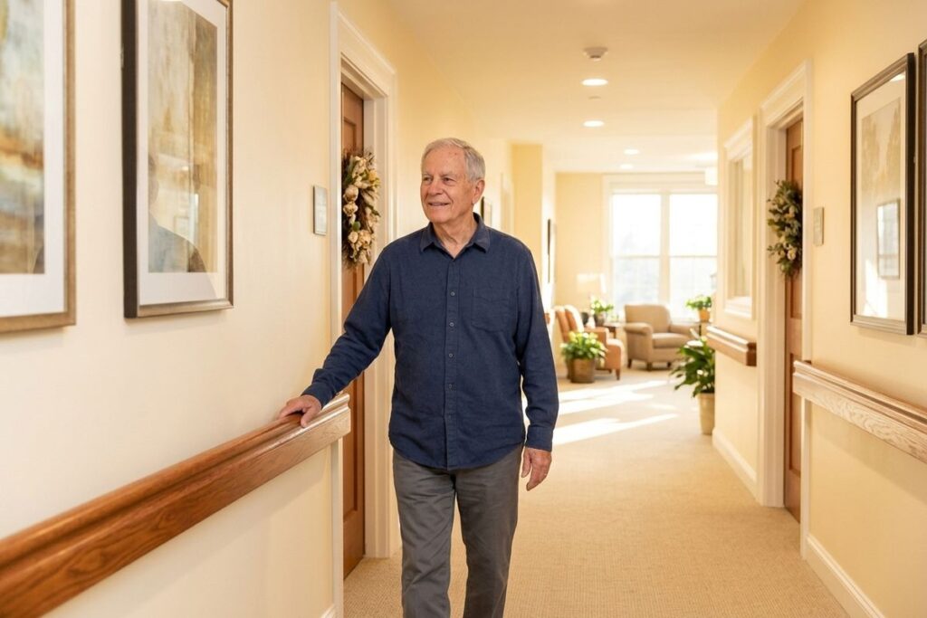 Older adult walking down a carpeted hallway, smiling and holding a wooden handrail, with seating area ahead.