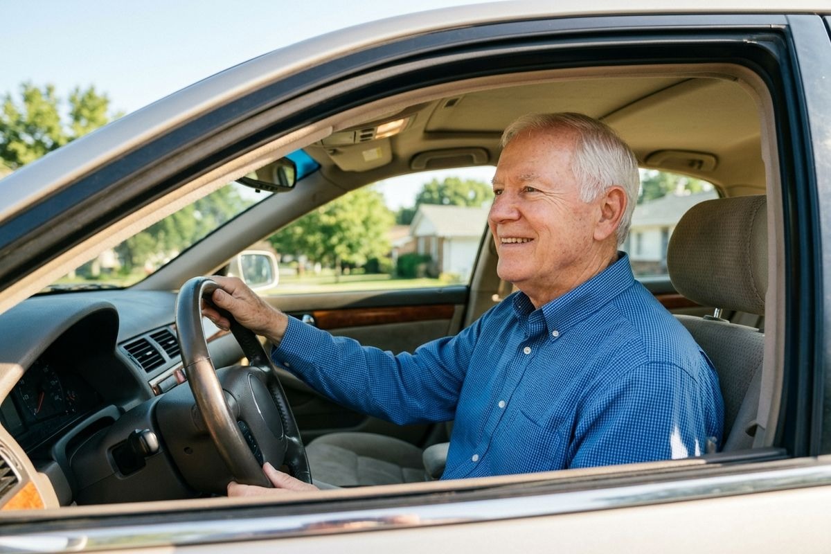 Older adult in blue shirt smiling while driving a car, hands on the steering wheel, houses and trees outside.