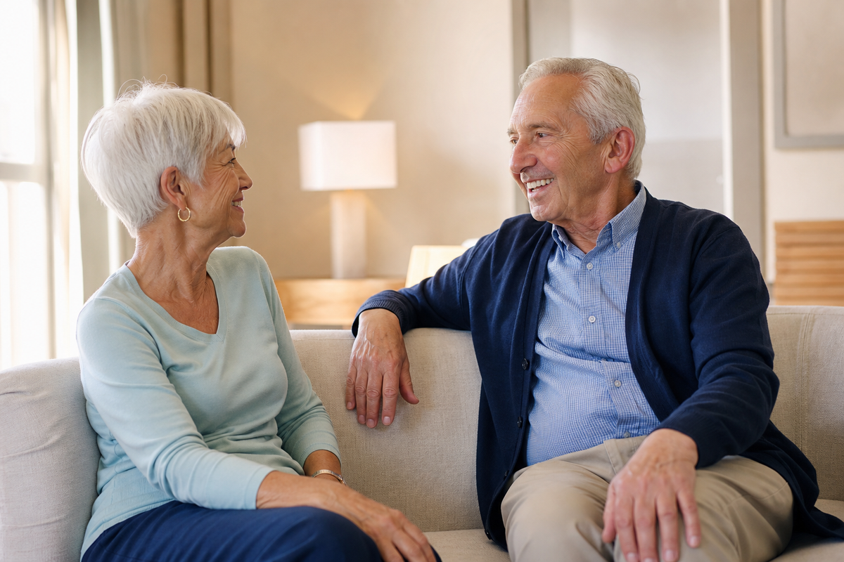 Two older adults sitting on a couch, smiling and looking at each other in a living room.