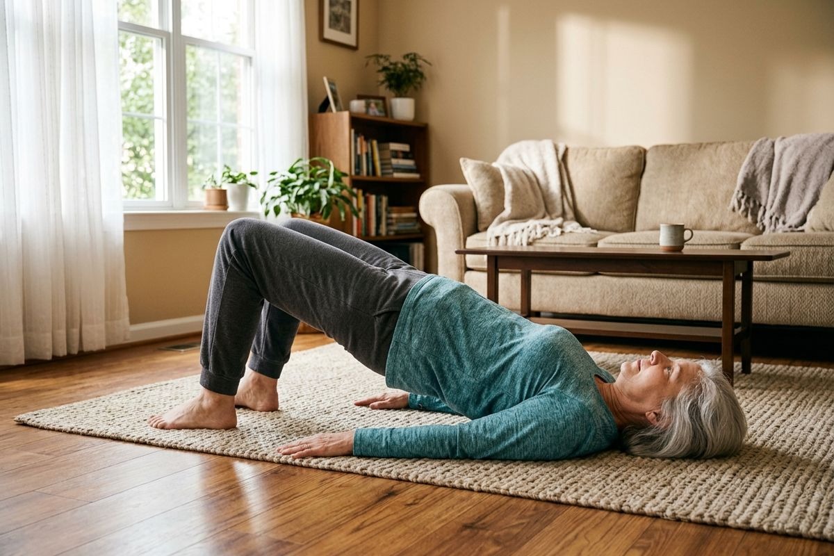 An older adult doing a bridge exercise on a rug in a living room, lifting hips with knees bent.