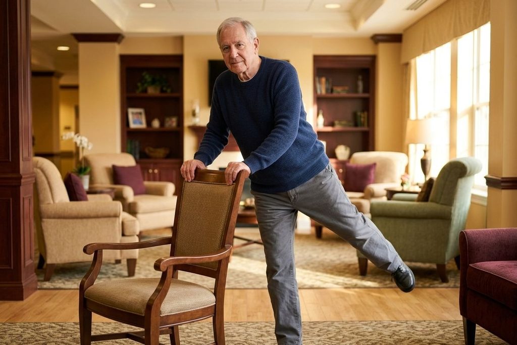 Older adult holding a chair for support while doing a leg stretch in a sunlit living room.