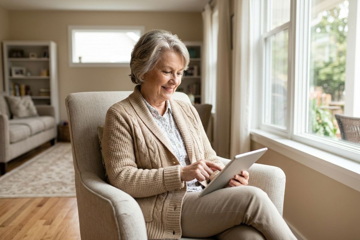 An older adult smiles while using a tablet, seated in an armchair by a window in a living room.