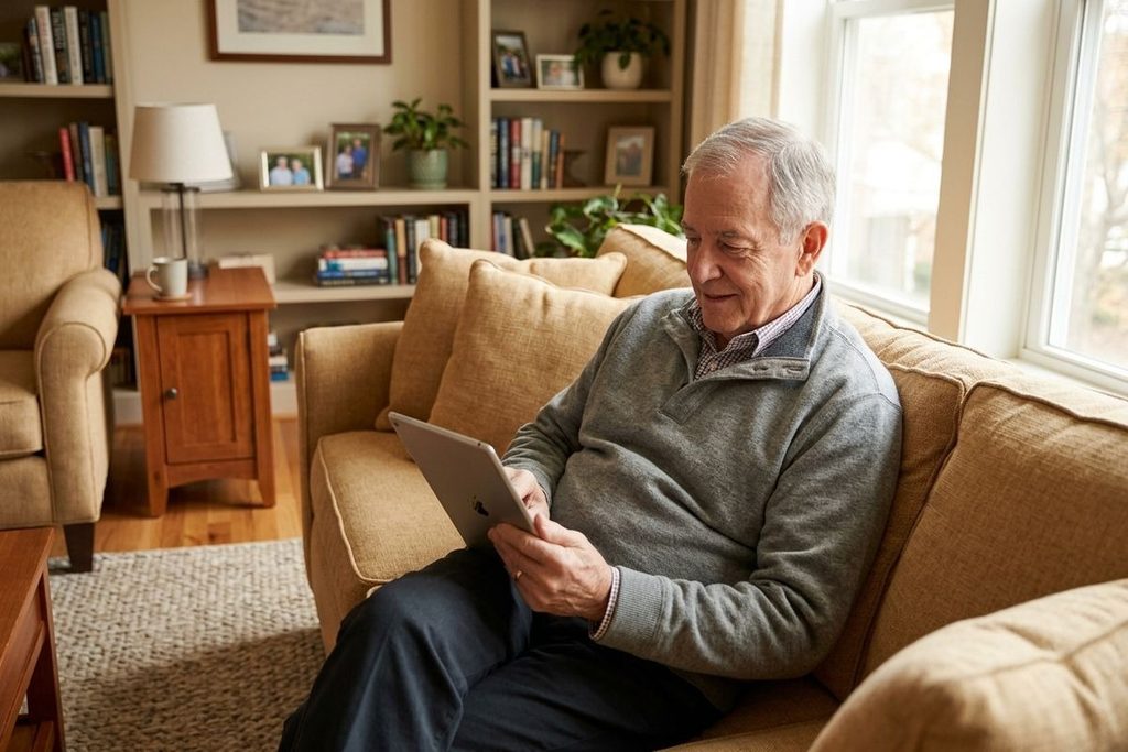 An older adult sits on a couch, smiling while using a tablet in a bright room.