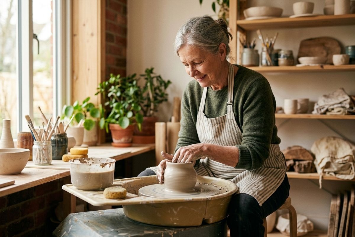 An older adult in an apron smiles while shaping a clay pot on a pottery wheel in a studio with shelves and plants.