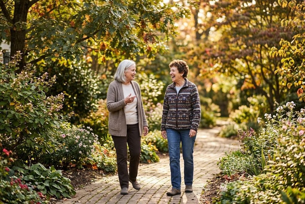 Two older adults smile as they walk on a brick garden path surrounded by autumn foliage and flowers.